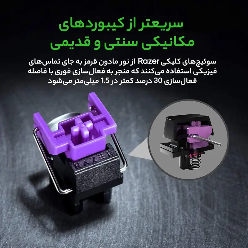 کیبورد گیمینگ 60 درصد ریزر مدل Huntsman Mini با سوییچ اپتیکال بنفش