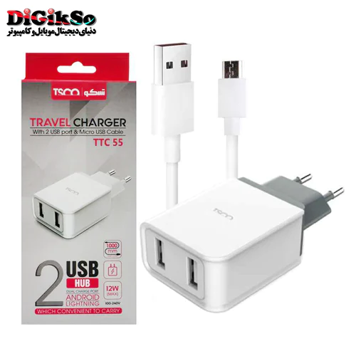 شارژر دیواری دو پورت تسکو مدل TTC 55 با کابل Micro USB
